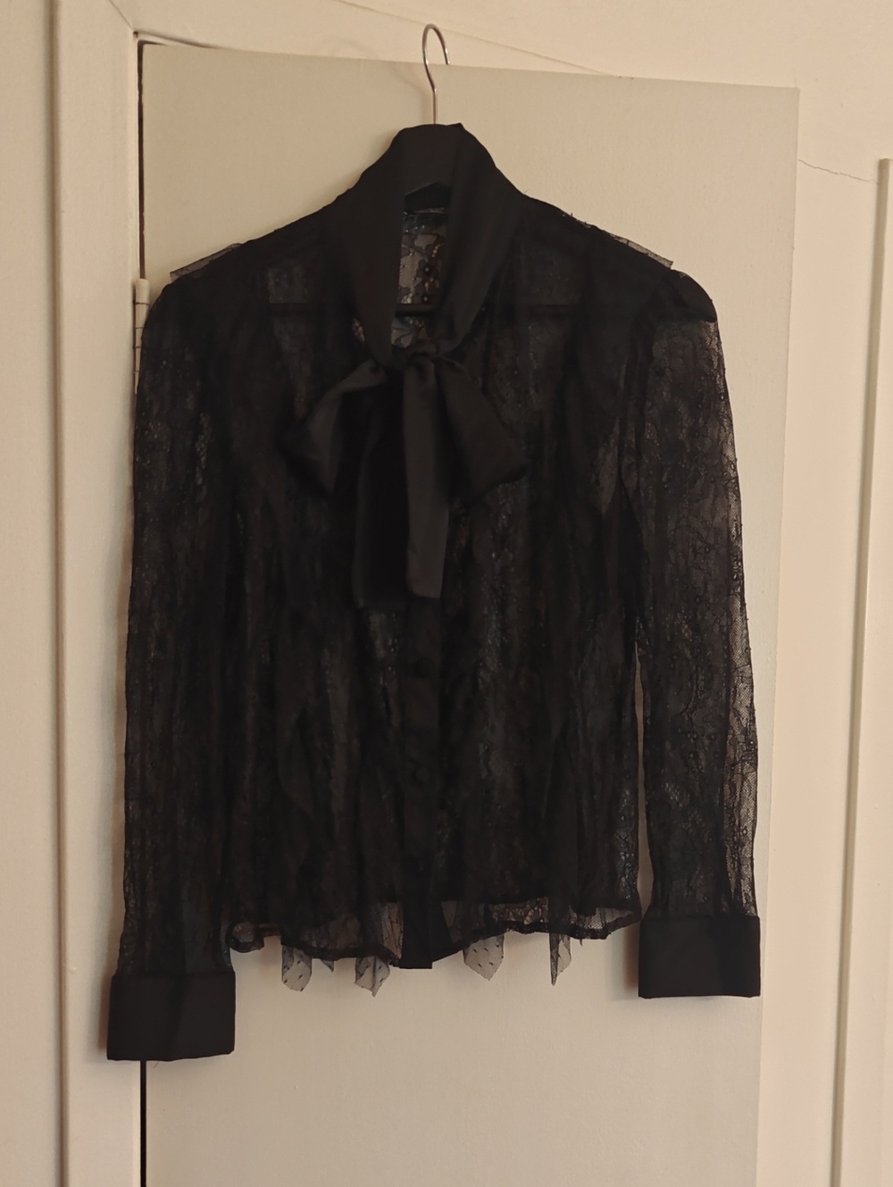 Zara Sheer Lace Bow-Tie Blouse - Black